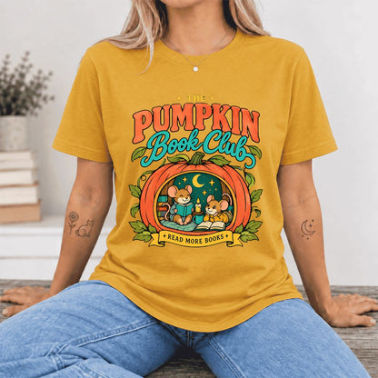 The Pumpkin Book Club Ultra-Soft Cotton T-Shirt | Halloween Book Lover Gift Mustard