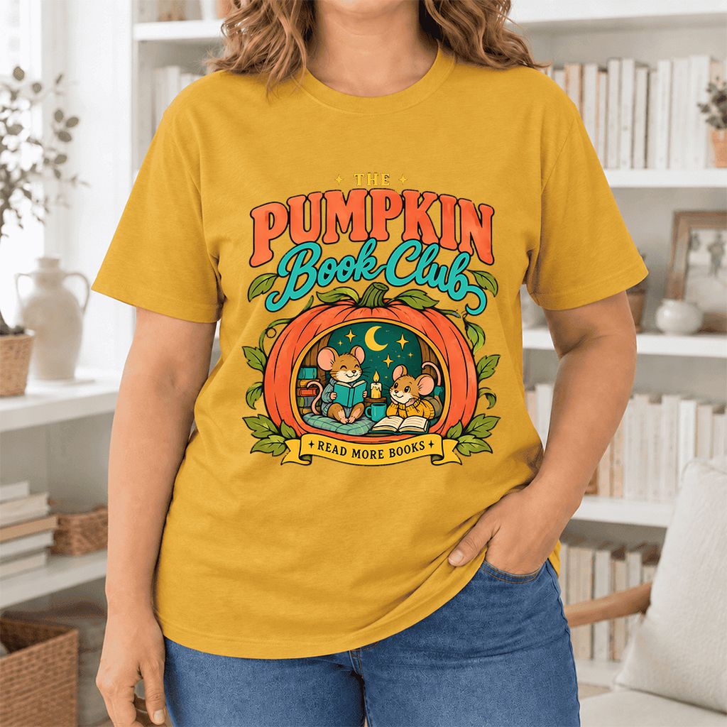 The Pumpkin Book Club Ultra-Soft Cotton T-Shirt | Halloween Book Lover Gift Mustard