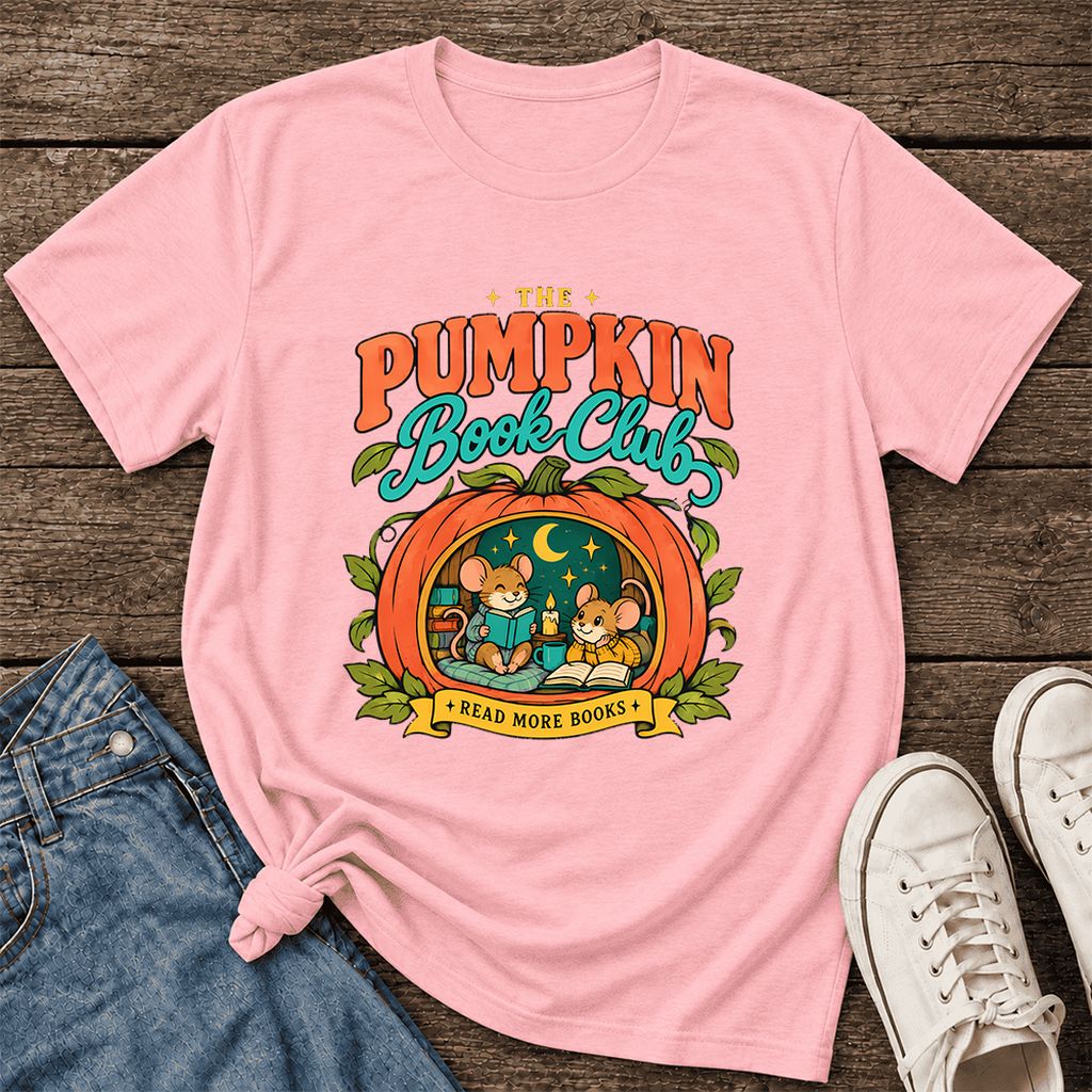 The Pumpkin Book Club Ultra-Soft Cotton T-Shirt | Halloween Book Lover Gift Pink