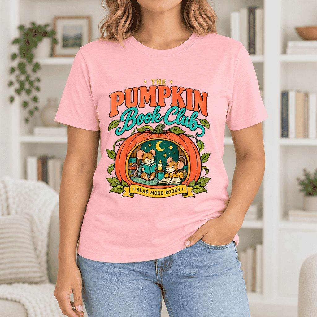 The Pumpkin Book Club Ultra-Soft Cotton T-Shirt | Halloween Book Lover Gift Pink