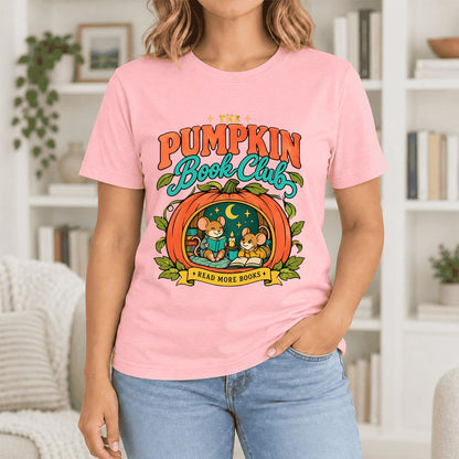The Pumpkin Book Club Ultra-Soft Cotton T-Shirt | Halloween Book Lover Gift Pink