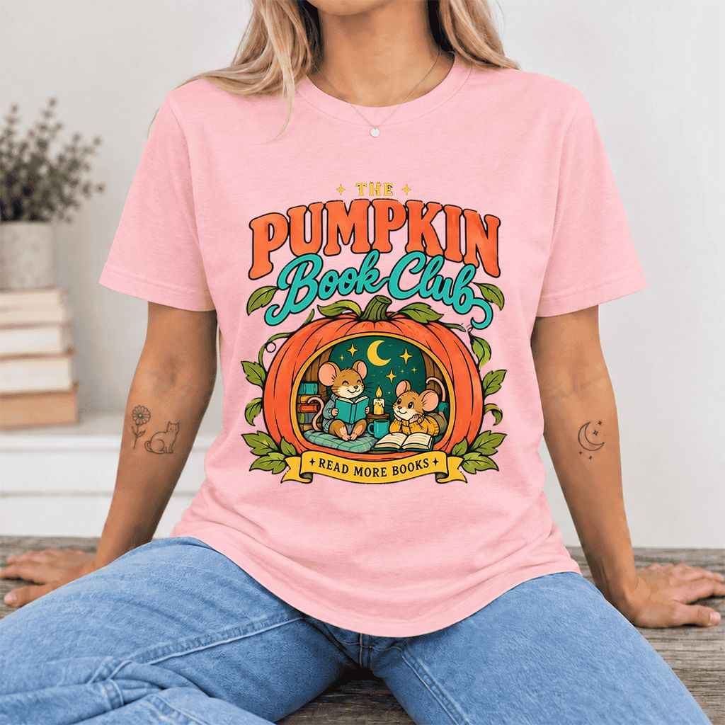 The Pumpkin Book Club Ultra-Soft Cotton T-Shirt | Halloween Book Lover Gift Pink