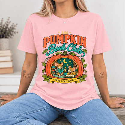 The Pumpkin Book Club Ultra-Soft Cotton T-Shirt | Halloween Book Lover Gift Pink