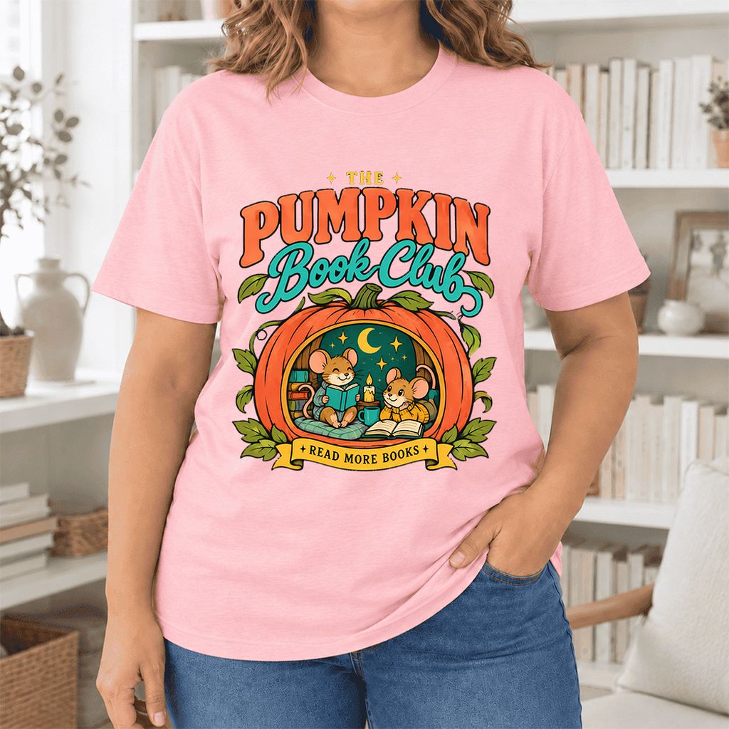 The Pumpkin Book Club Ultra-Soft Cotton T-Shirt | Halloween Book Lover Gift Pink