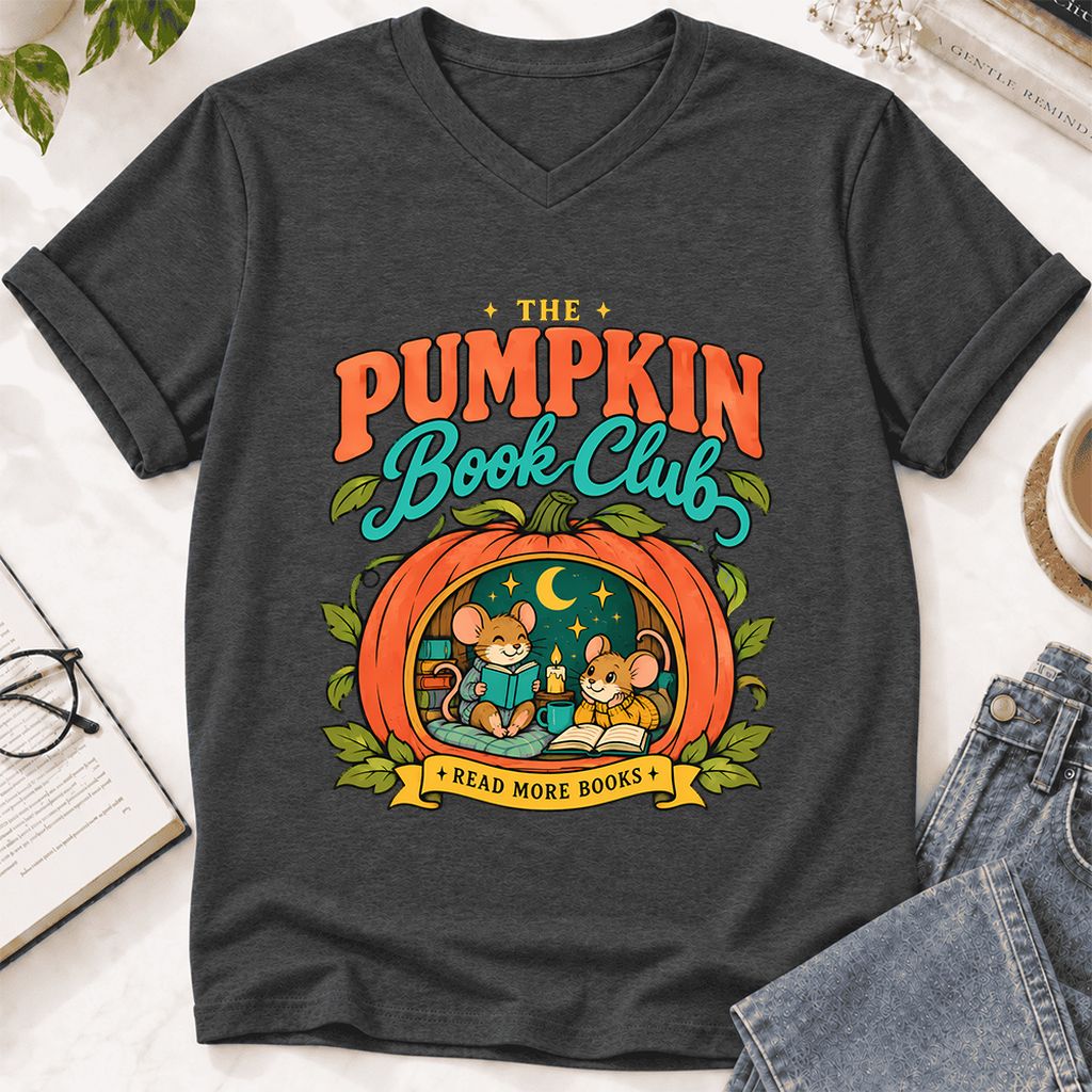 The Pumpkin Book Club Ultra-Soft V-Neck | Halloween Book Lover Gift Dark Grey Heather