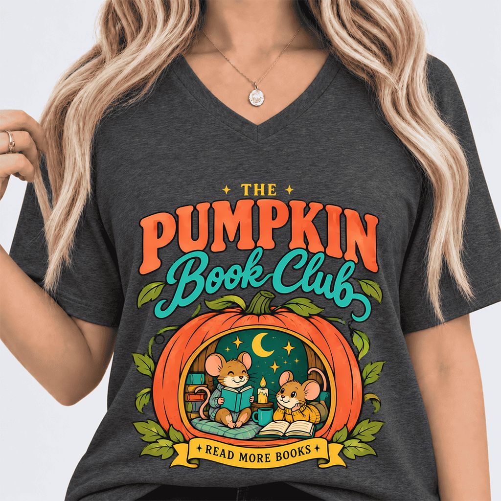 The Pumpkin Book Club Ultra-Soft V-Neck | Halloween Book Lover Gift Dark Grey Heather