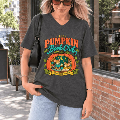 The Pumpkin Book Club Ultra-Soft V-Neck | Halloween Book Lover Gift Dark Grey Heather