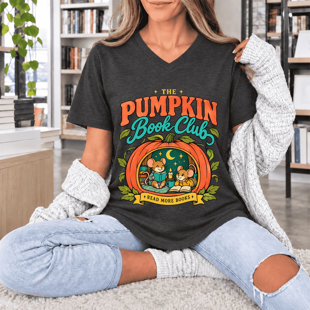 The Pumpkin Book Club Ultra-Soft V-Neck | Halloween Book Lover Gift Dark Grey Heather