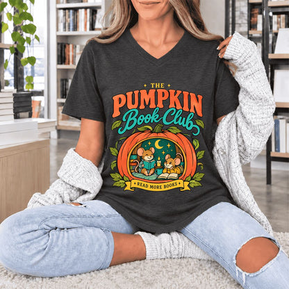 The Pumpkin Book Club Ultra-Soft V-Neck | Halloween Book Lover Gift Dark Grey Heather