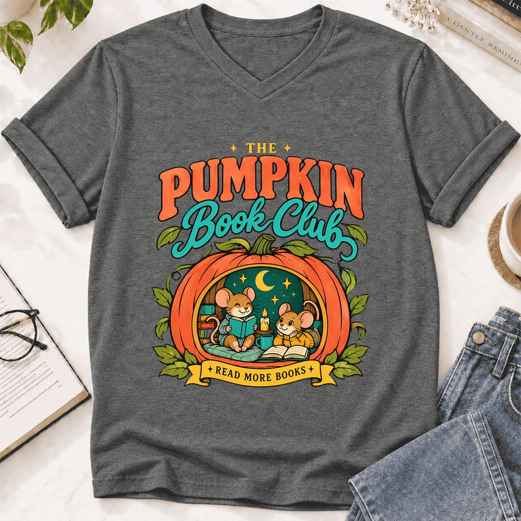 The Pumpkin Book Club Ultra-Soft V-Neck | Halloween Book Lover Gift Deep Heather