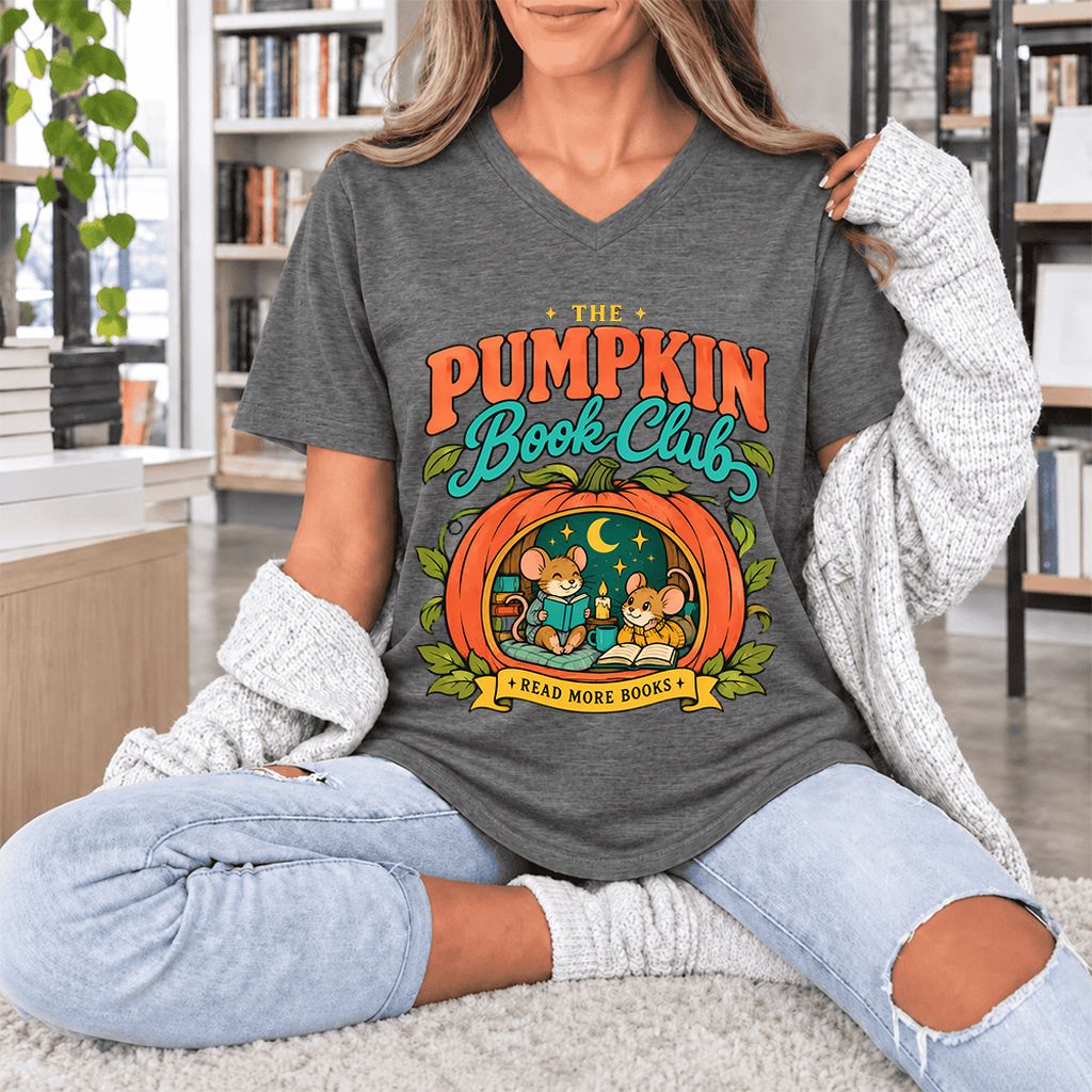 The Pumpkin Book Club Ultra-Soft V-Neck | Halloween Book Lover Gift Deep Heather