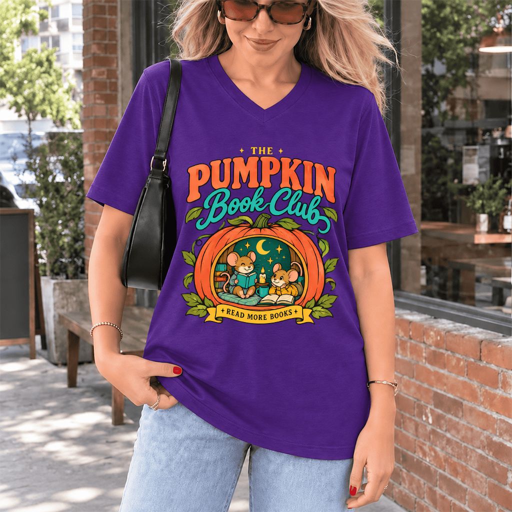 The Pumpkin Book Club Ultra-Soft V-Neck | Halloween Book Lover Gift Team Purple