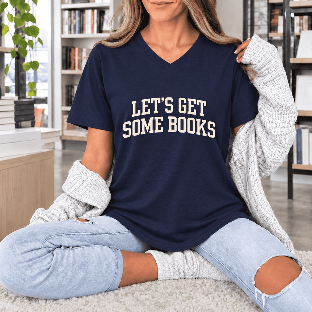 Let's Get Some Books Ultra-Soft V-Neck | Book Lover Gift Navy