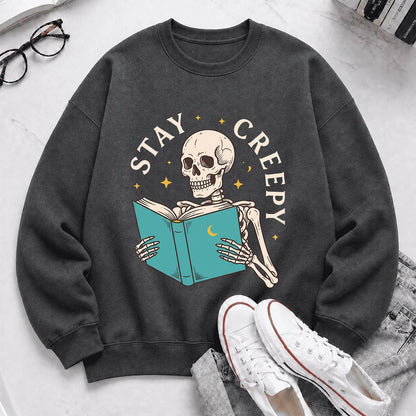 Stay Creepy Printed Sweatshirt | Funny Book Lover Gift Dark Heather