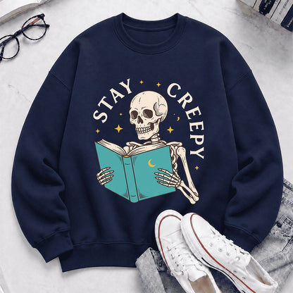 Stay Creepy Printed Sweatshirt | Funny Book Lover Gift Navy