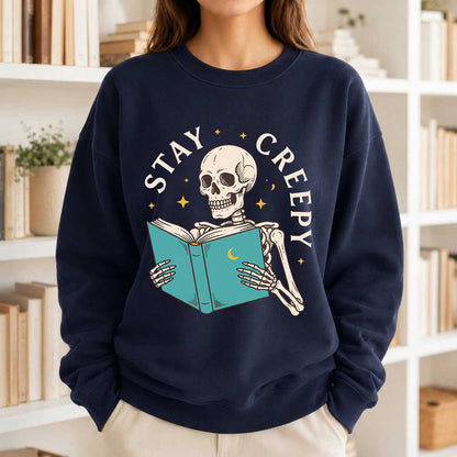 Stay Creepy Printed Sweatshirt | Funny Book Lover Gift Navy