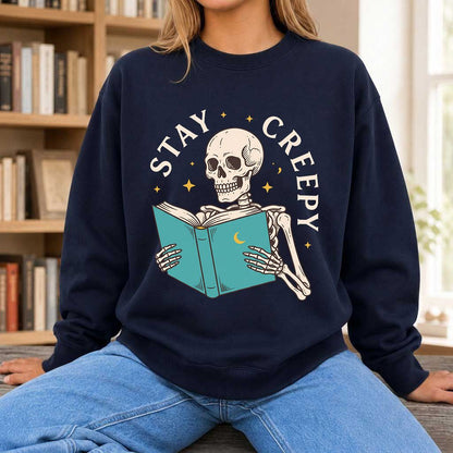 Stay Creepy Printed Sweatshirt | Funny Book Lover Gift Navy