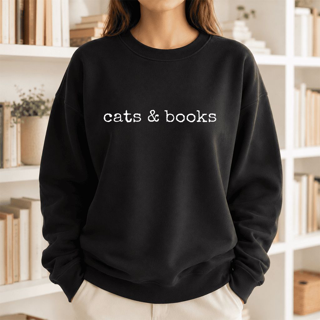 Cats & Books Printed Sweatshirt | Cozy Reader Gift Black