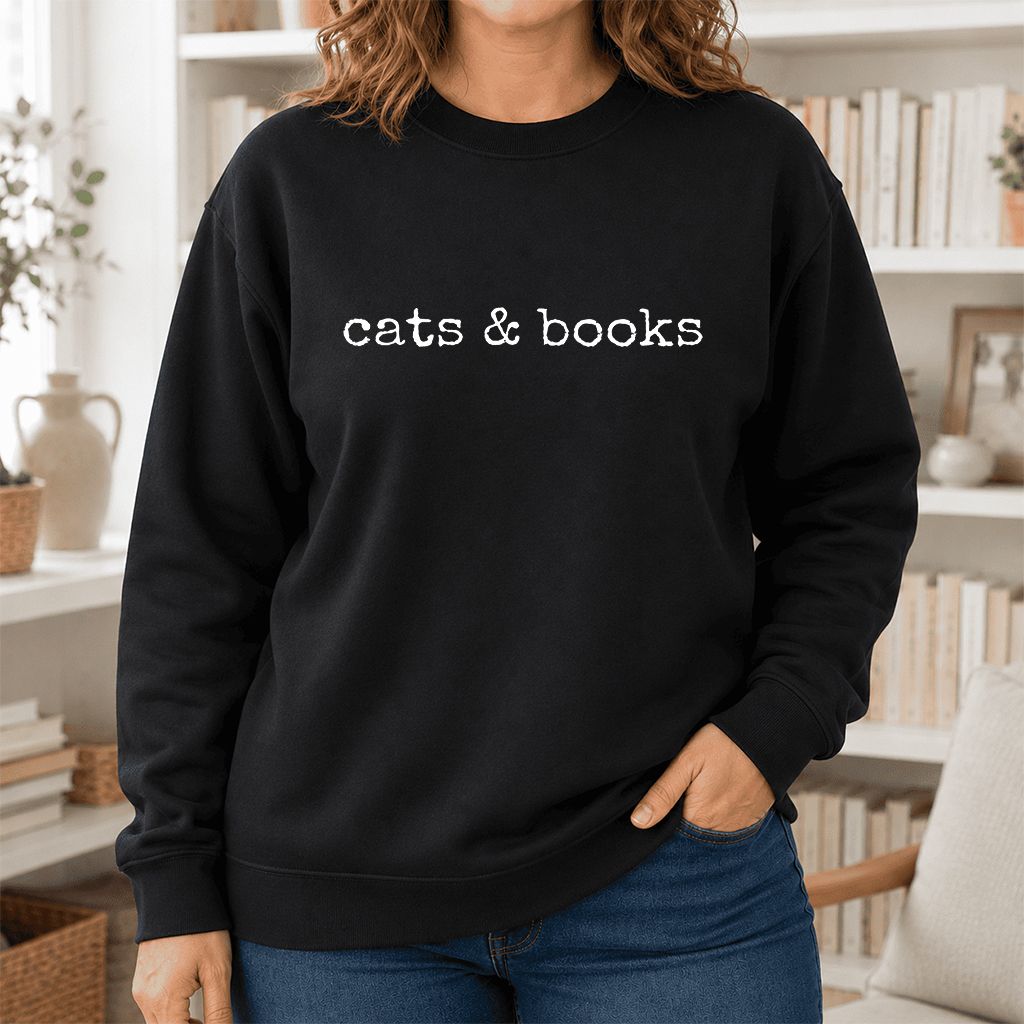 Cats & Books Printed Sweatshirt | Cozy Reader Gift Black