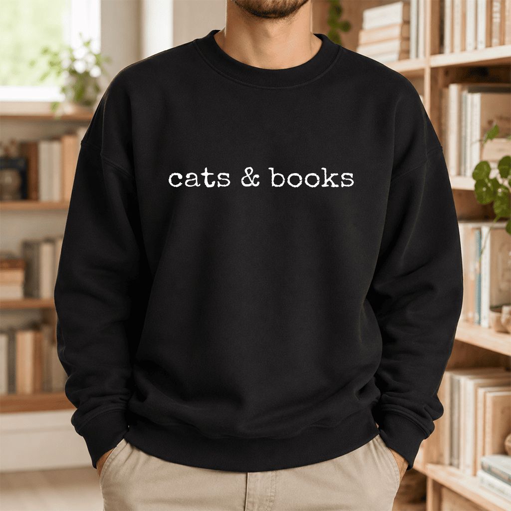 Cats & Books Printed Sweatshirt | Cozy Reader Gift Black