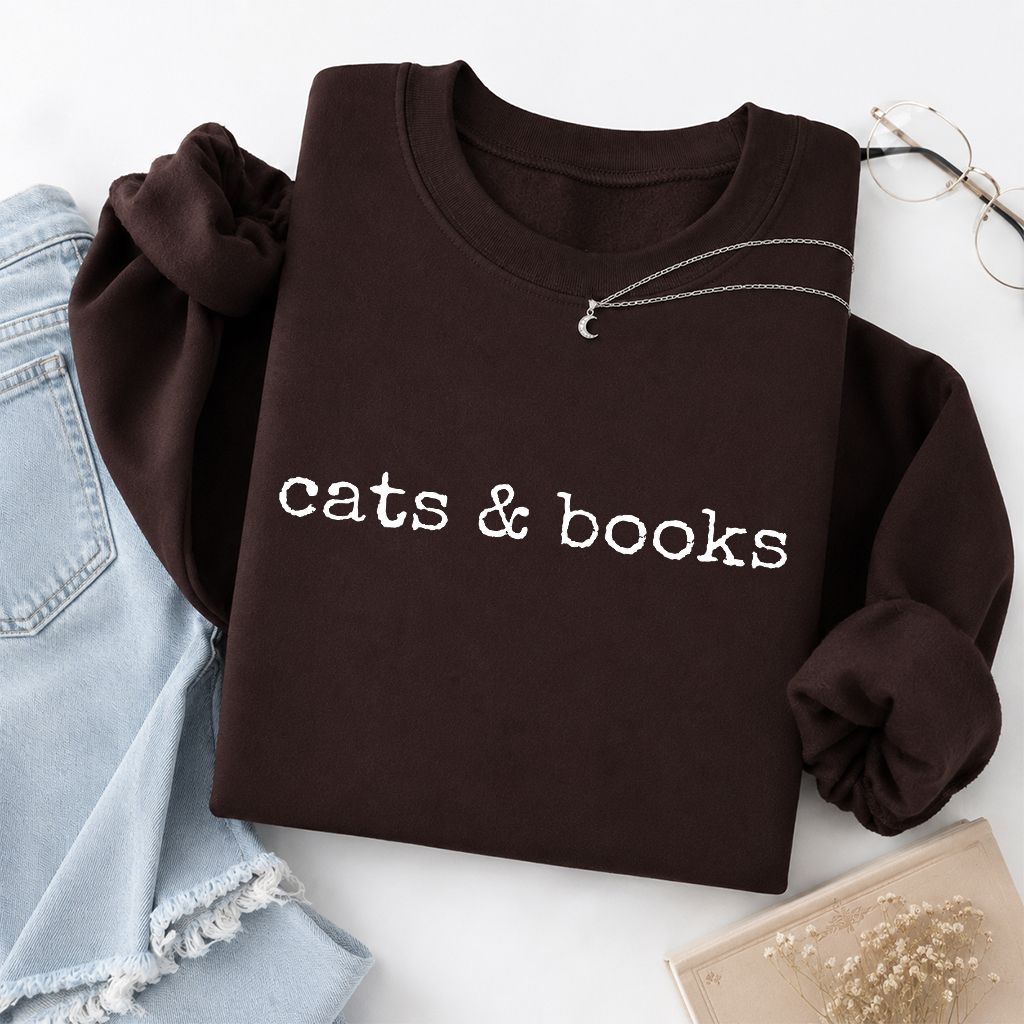 Cats & Books Printed Sweatshirt | Cozy Reader Gift Dark Chocolate