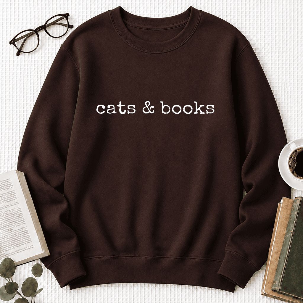 Cats & Books Printed Sweatshirt | Cozy Reader Gift Dark Chocolate