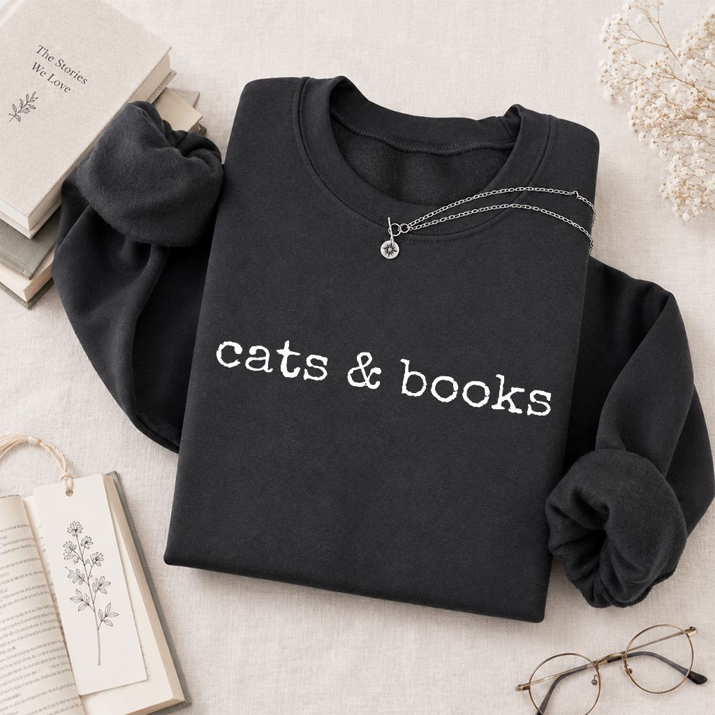 Cats & Books Printed Sweatshirt | Cozy Reader Gift Dark Heather