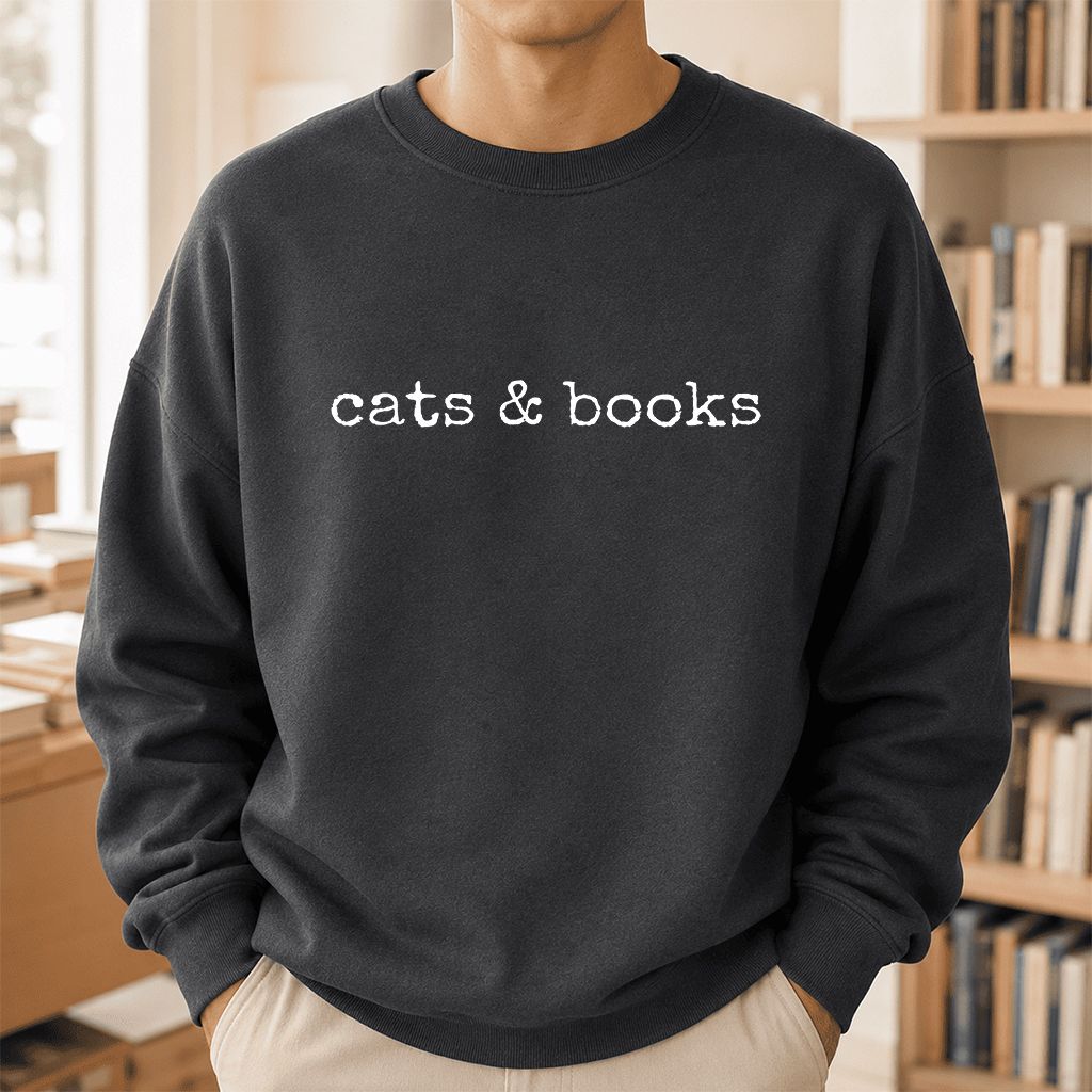 Cats & Books Printed Sweatshirt | Cozy Reader Gift Dark Heather