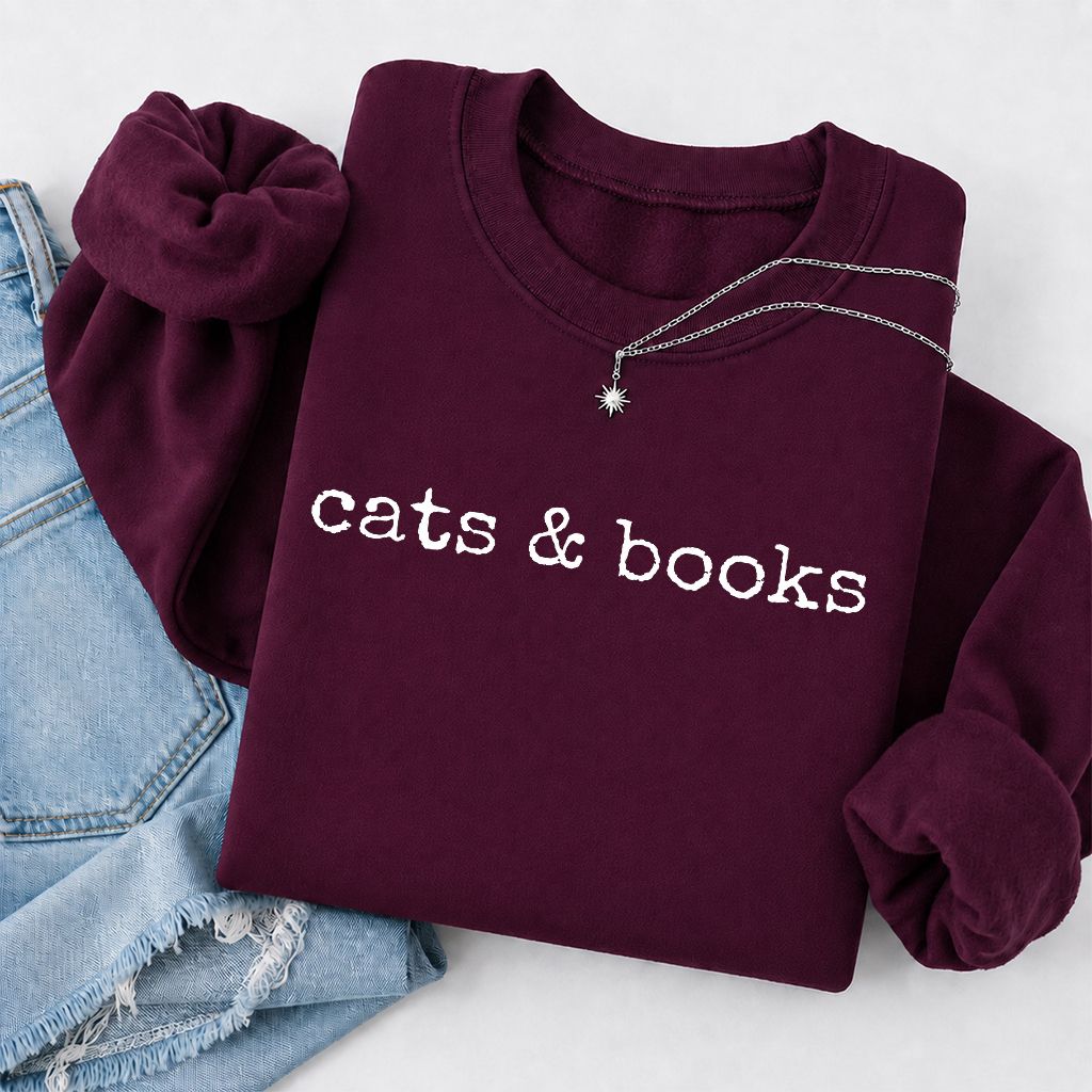 Cats & Books Printed Sweatshirt | Cozy Reader Gift Maroon