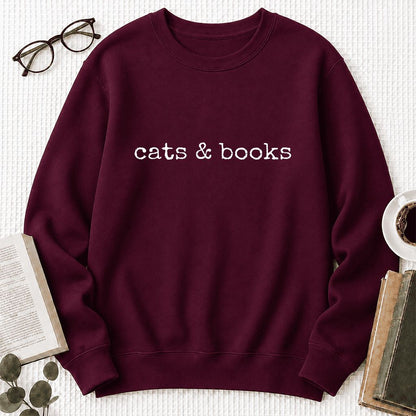 Cats & Books Printed Sweatshirt | Cozy Reader Gift Maroon