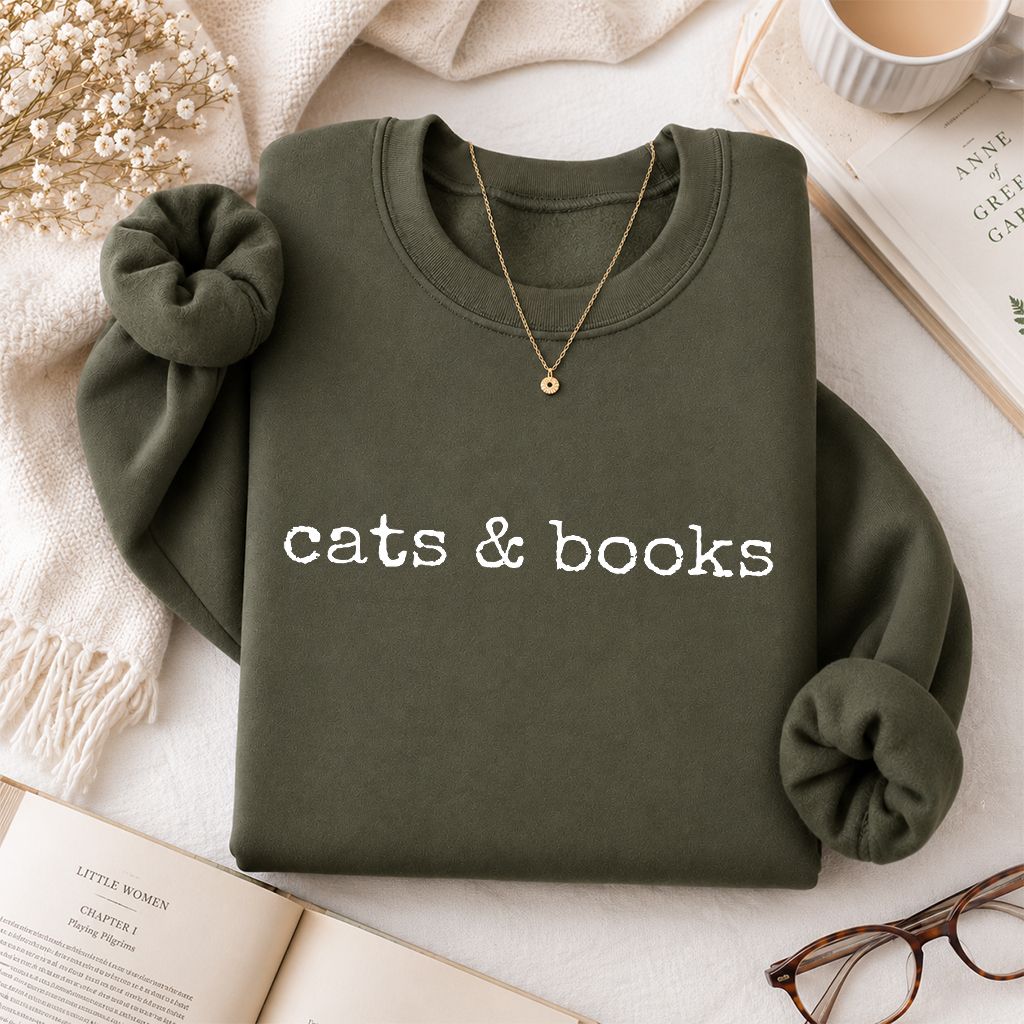Cats & Books Printed Sweatshirt | Cozy Reader Gift Military Green