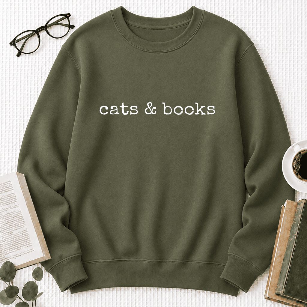 Cats & Books Printed Sweatshirt | Cozy Reader Gift Military Green