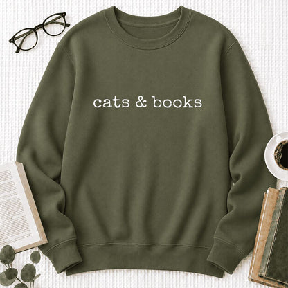Cats & Books Printed Sweatshirt | Cozy Reader Gift Military Green