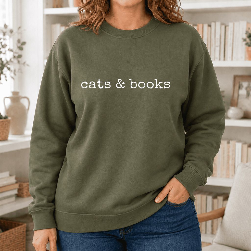 Cats & Books Printed Sweatshirt | Cozy Reader Gift Military Green