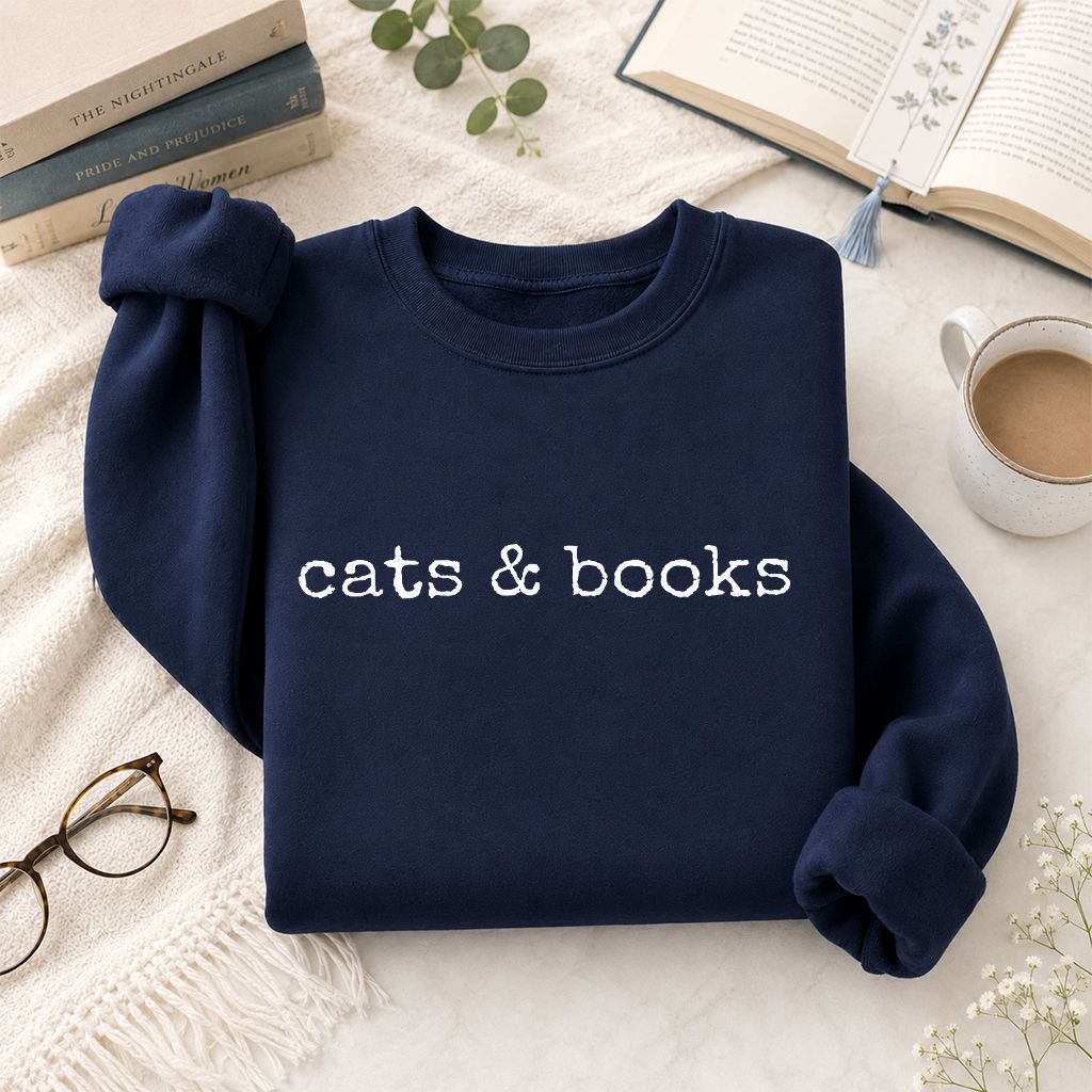 Cats & Books Printed Sweatshirt | Cozy Reader Gift Navy