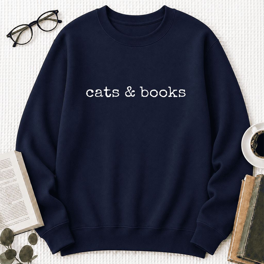 Cats & Books Printed Sweatshirt | Cozy Reader Gift Navy