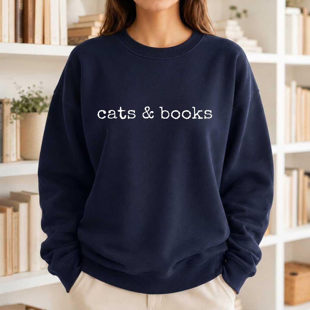 Cats & Books Printed Sweatshirt | Cozy Reader Gift Navy