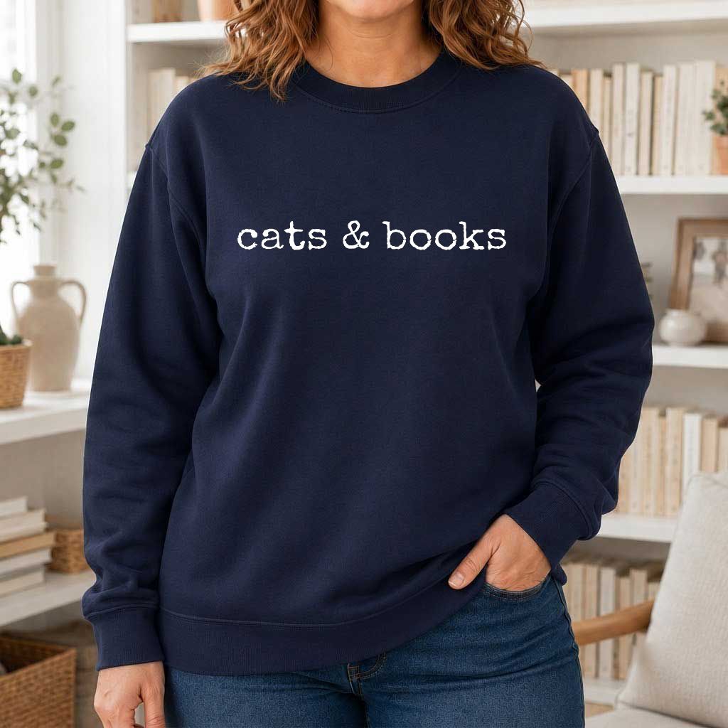 Cats & Books Printed Sweatshirt | Cozy Reader Gift Navy