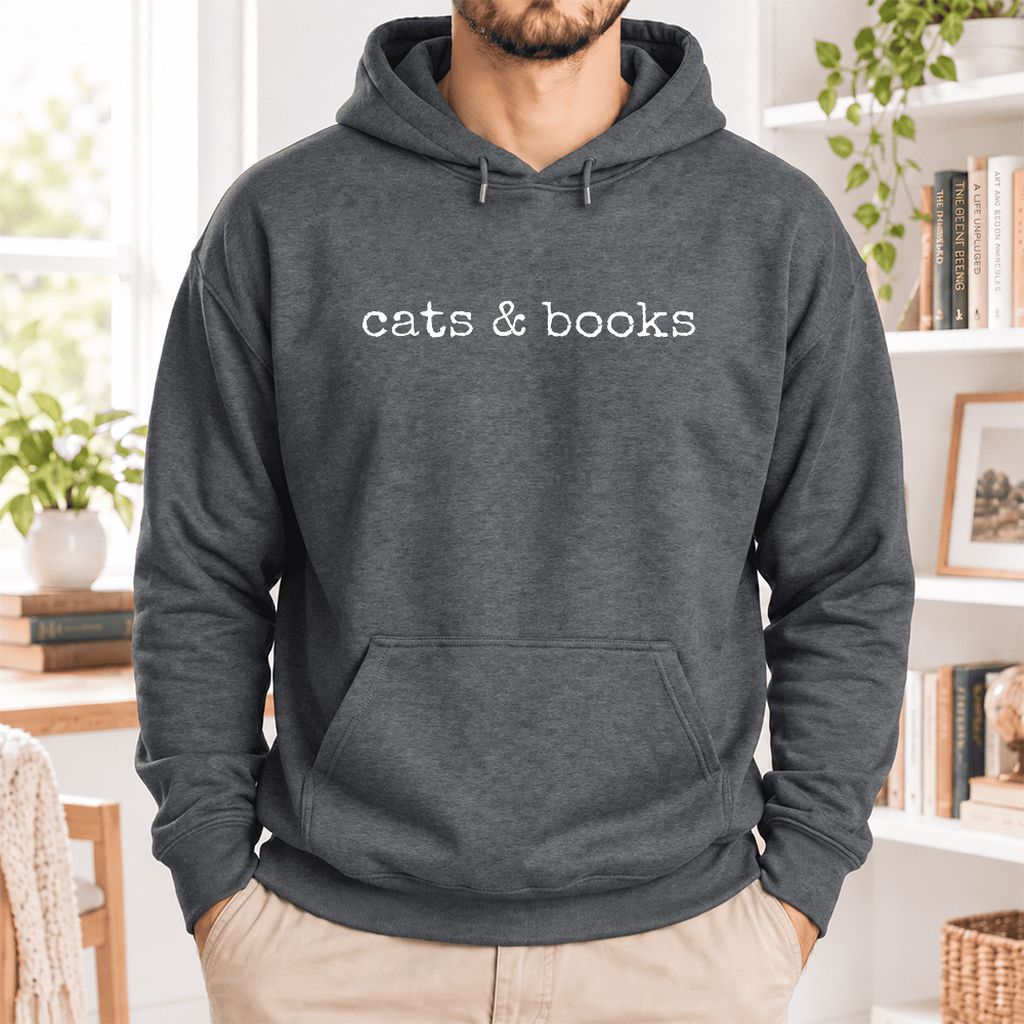 Cats & Books Softstyle Hoodie | Cozy Reader Gift Dark Heather