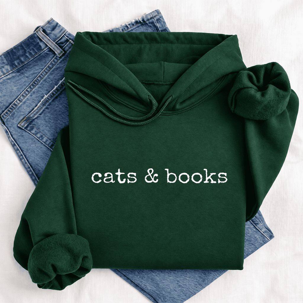 Cats & Books Softstyle Hoodie | Cozy Reader Gift Forest Green