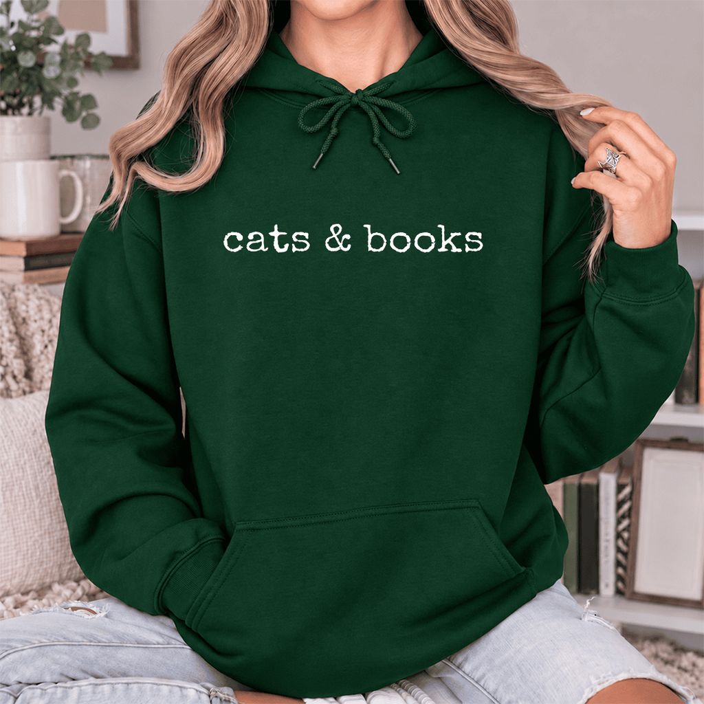 Cats & Books Softstyle Hoodie | Cozy Reader Gift Forest Green