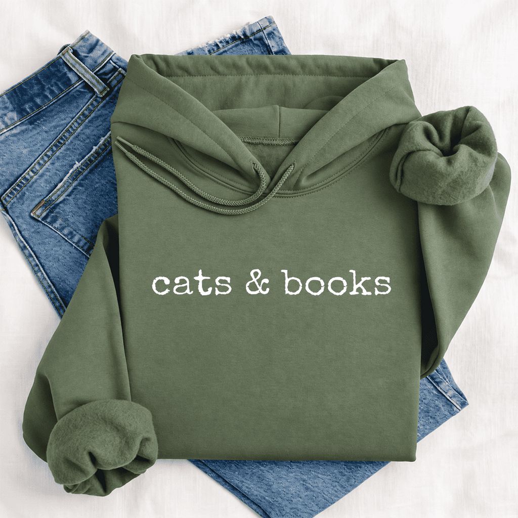 Cats & Books Softstyle Hoodie | Cozy Reader Gift Military Green