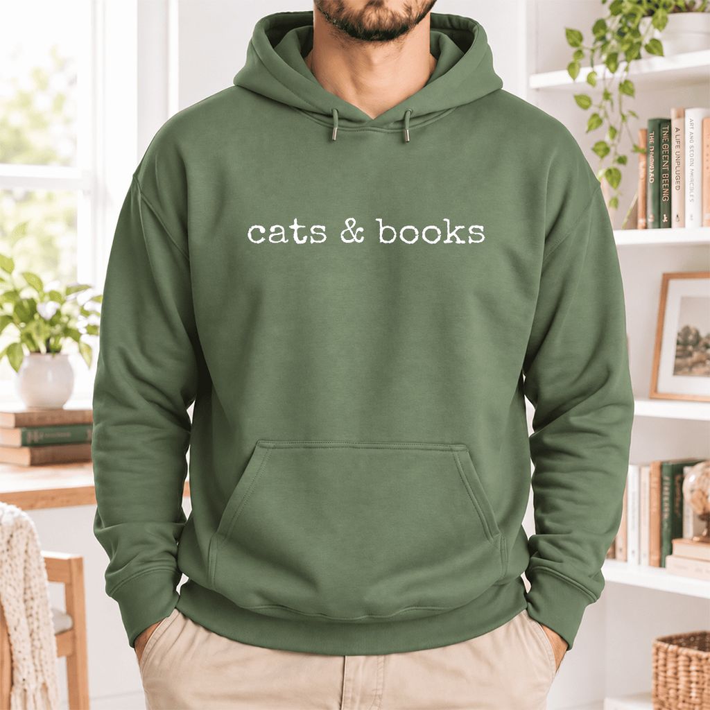 Cats & Books Softstyle Hoodie | Cozy Reader Gift Military Green