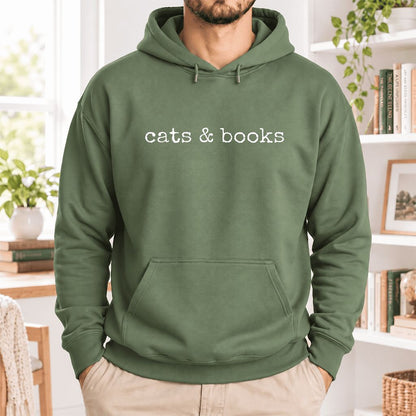 Cats & Books Softstyle Hoodie | Cozy Reader Gift Military Green