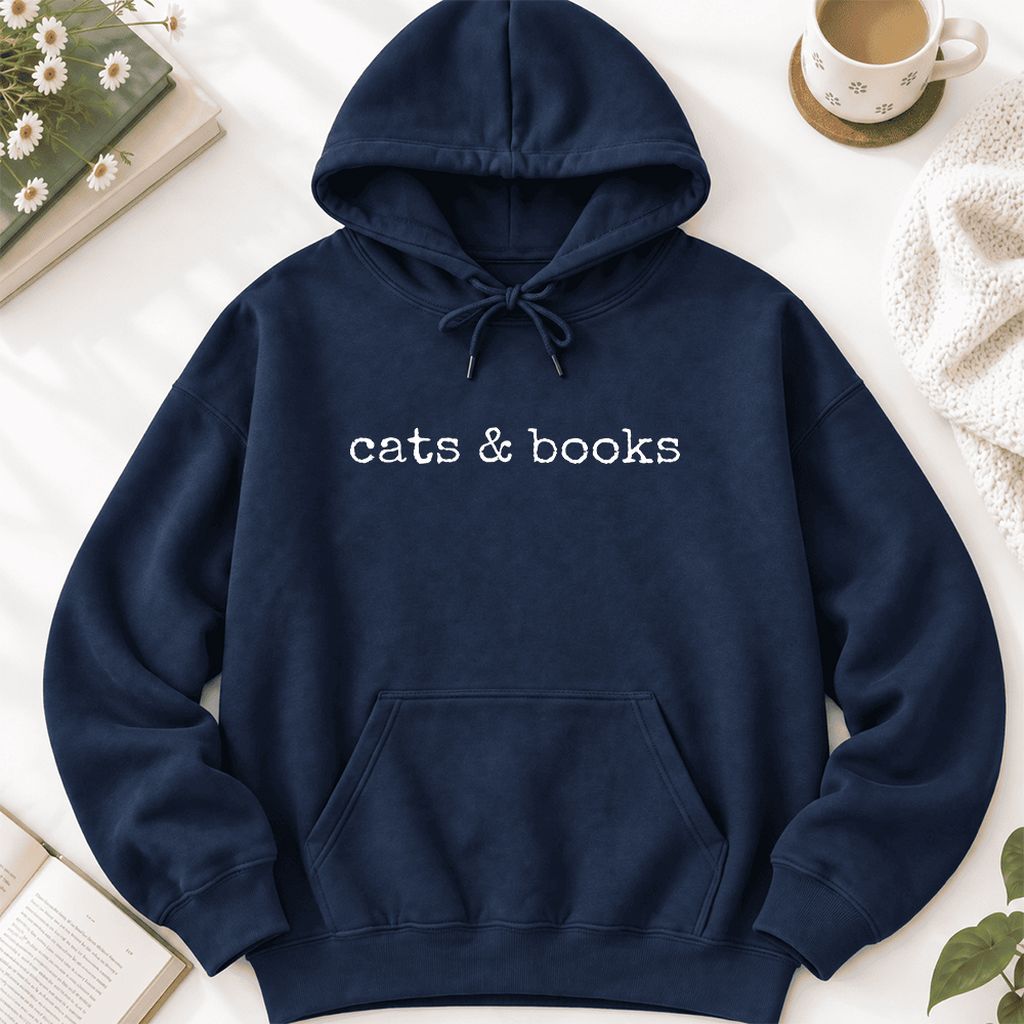 Cats & Books Softstyle Hoodie | Cozy Reader Gift Navy