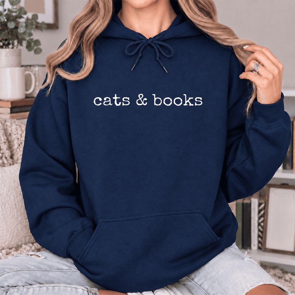 Cats & Books Softstyle Hoodie | Cozy Reader Gift Navy