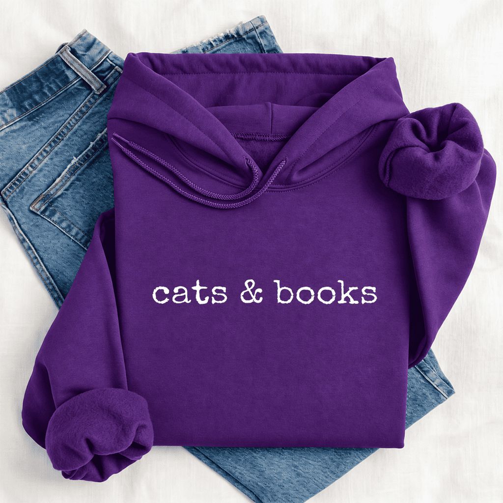 Cats & Books Softstyle Hoodie | Cozy Reader Gift Purple