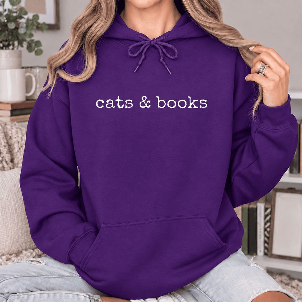 Cats & Books Softstyle Hoodie | Cozy Reader Gift Purple