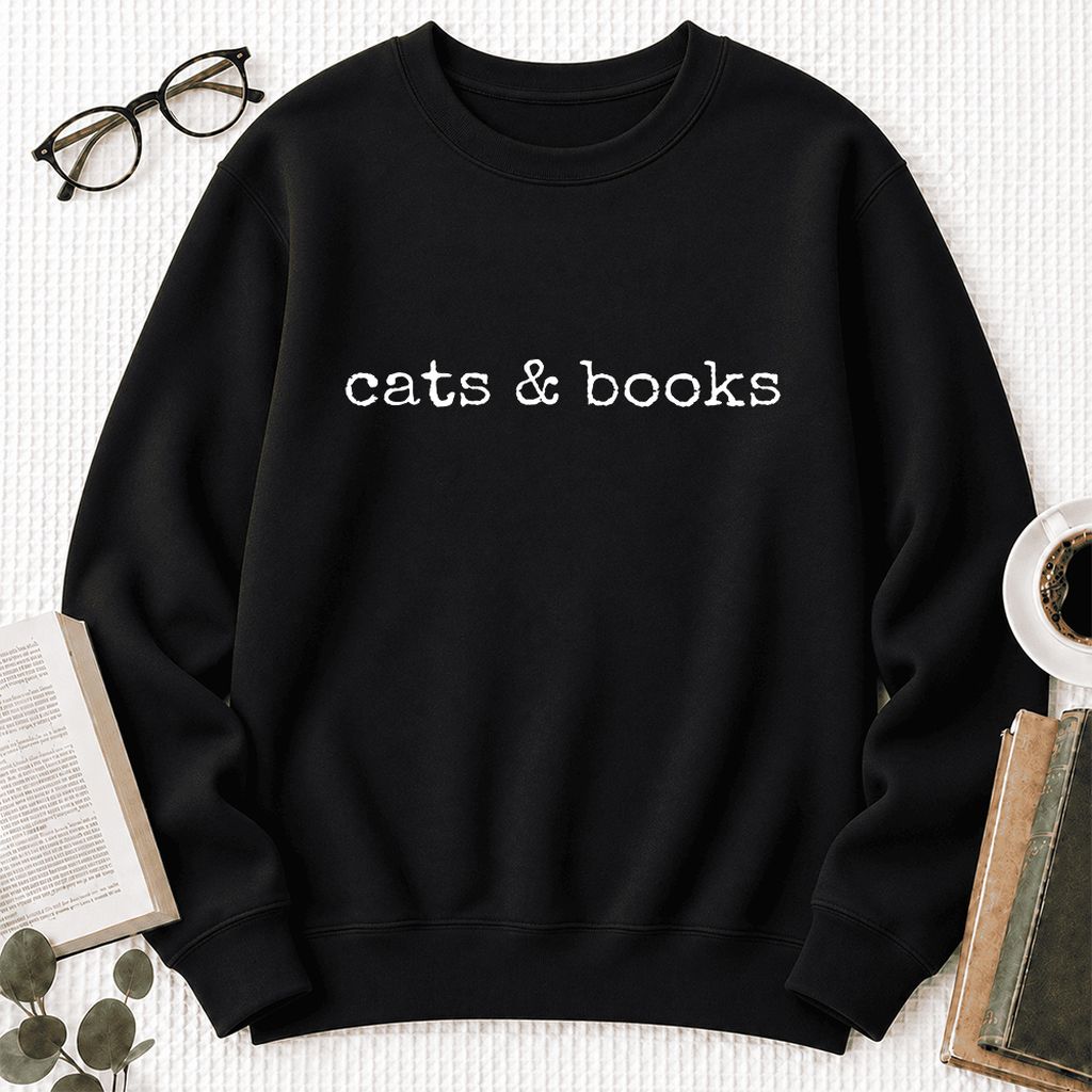 Cats & Books Softstyle Sweatshirt | Cozy Reader Gift Black