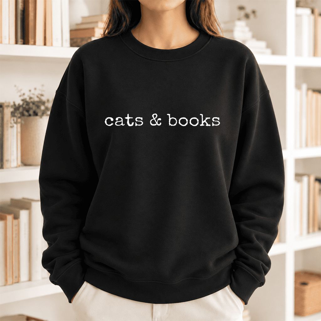 Cats & Books Softstyle Sweatshirt | Cozy Reader Gift Black